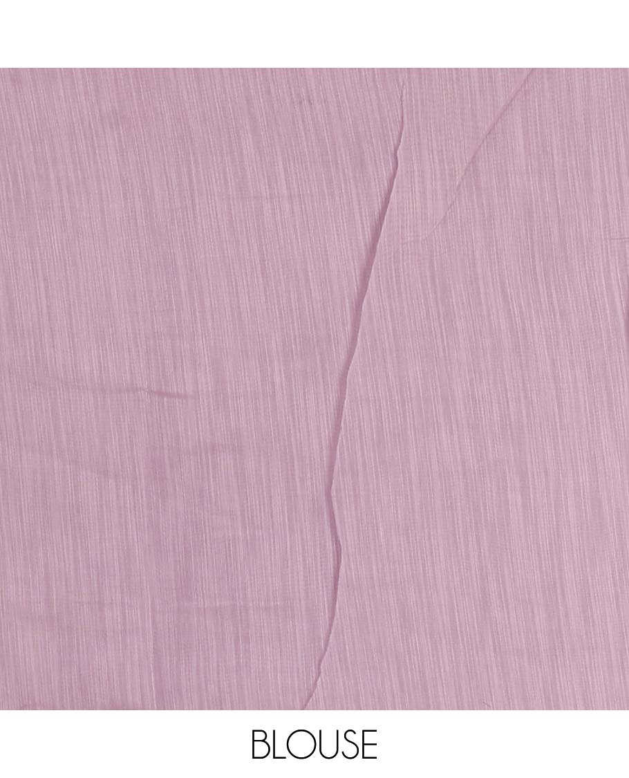 Lavender diamond patterns white resham thread embroidered mercerised cotton saree, lace border, and matching plain blouse