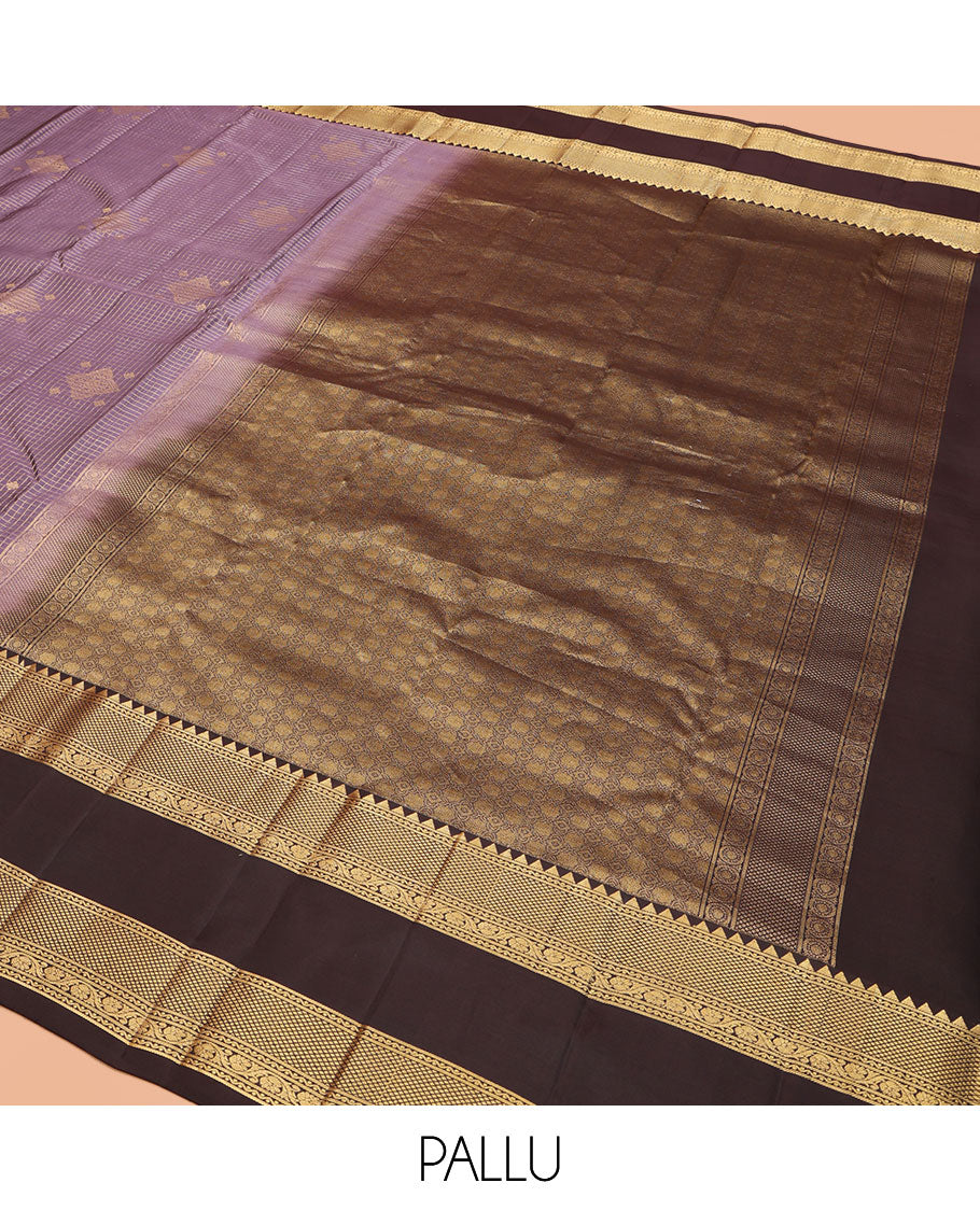 Purple Vasundhara Silk Saree, Bedecked with Zari Buttas and Micro-Checked Design All Over Its Body, Complemented by a Contrast Border of Rekku, Neli, Mayil Kann, and Kodi Visiry Designs, Gleaming Zari Pallu, and Paired with a Contrast Blouse
