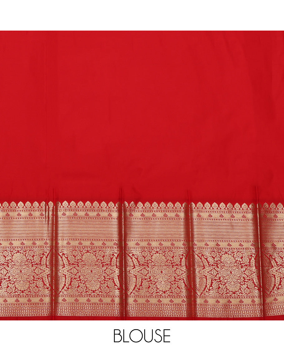 Green Budget Silk Saree, Prettified with Zari Buttas on Its Body, Complemented by a Contrast Traditional Zari Border, Grand Jaal Pallu, and Paired with a Contrast Blouse