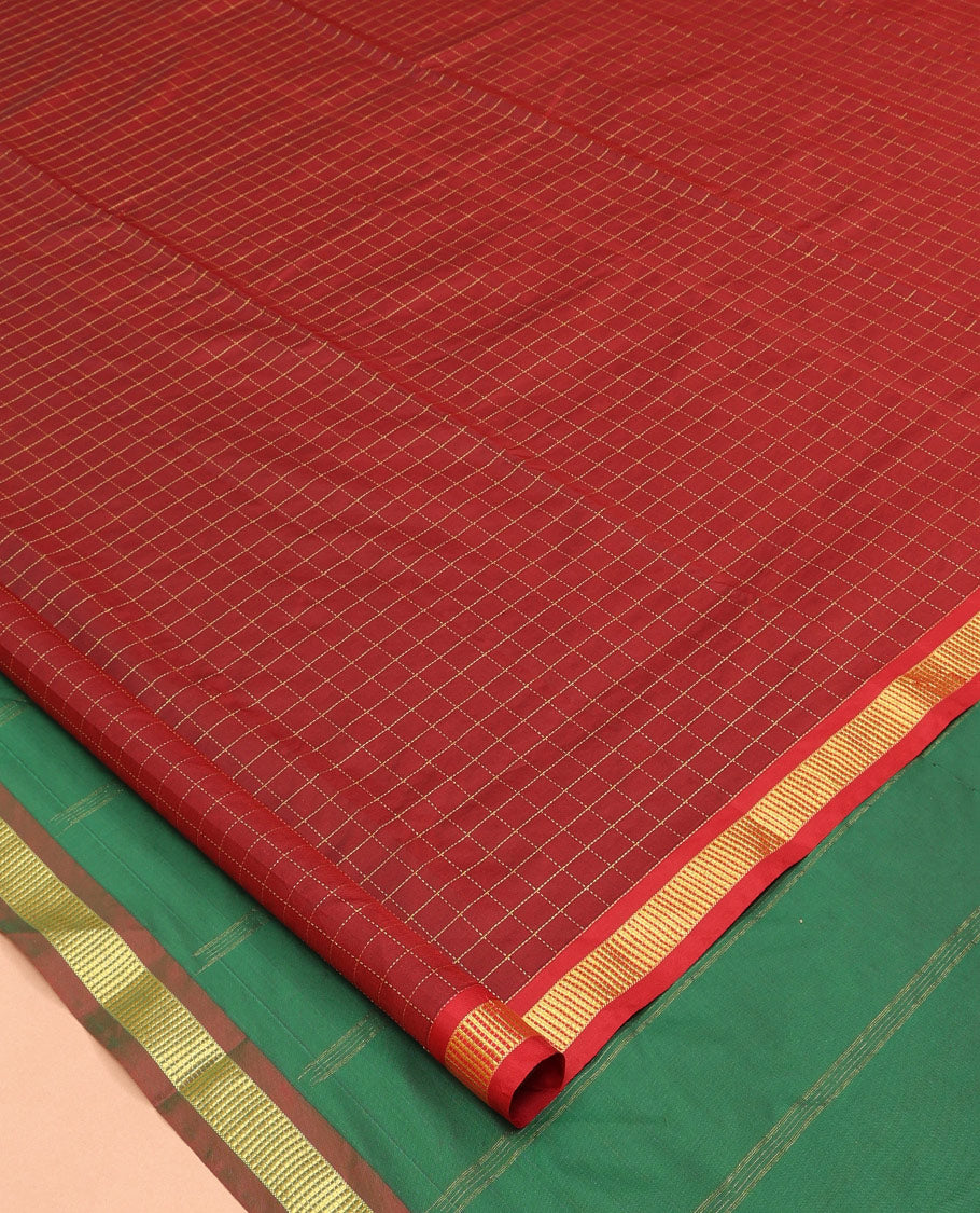 Maroon Checked Ten Yard Saree, a Semi-Contrast Zari Border, Contrast Striped Pallu, and No Blouse