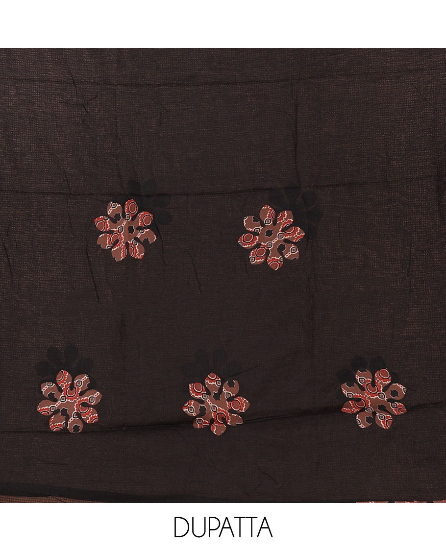 Brown material chudidar set,ajrakh print & neck hakoba embroidery soft cotton top,plain cotton bottom & contrast ajrakh patchwork kota dupatta