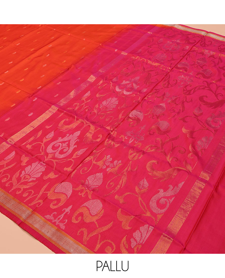 Orange Uppada Silk Saree, Decked Up with Paisley Buttas All Over Its Body, Complemented by Contrast Zari Bavanji Border, Pallu of Floral Designs, and Paired with a Contrast Blouse