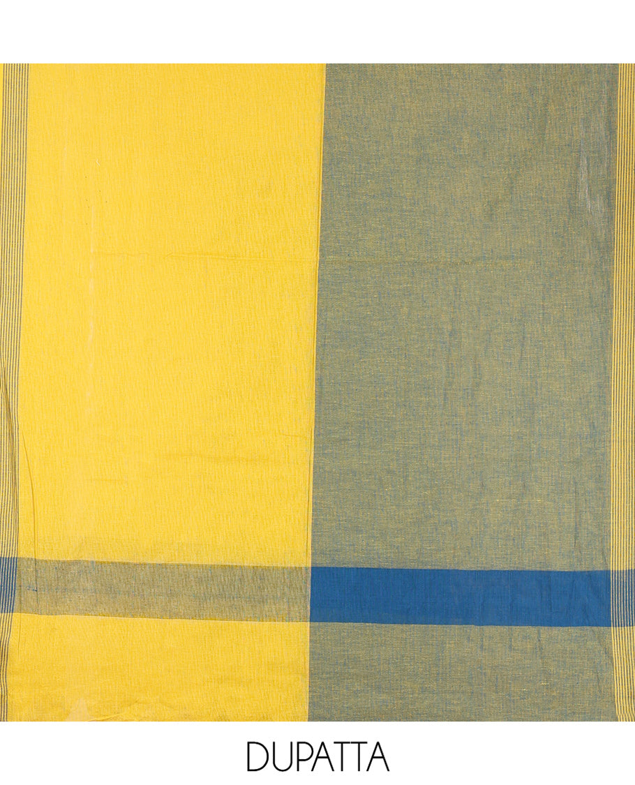 Peacock Blue Handloom Cotton Material Chudidar, Buttas Woven Top, a Plain Bottom, and Contrast Dupatta