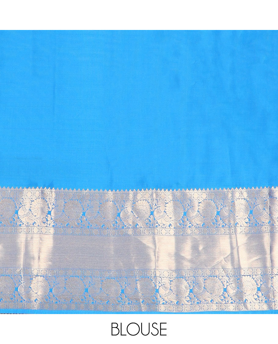 Blue floral buttas vasundhara silk mix saree, chakram butta enclosed checked pallu & border of paisa & mayil designs