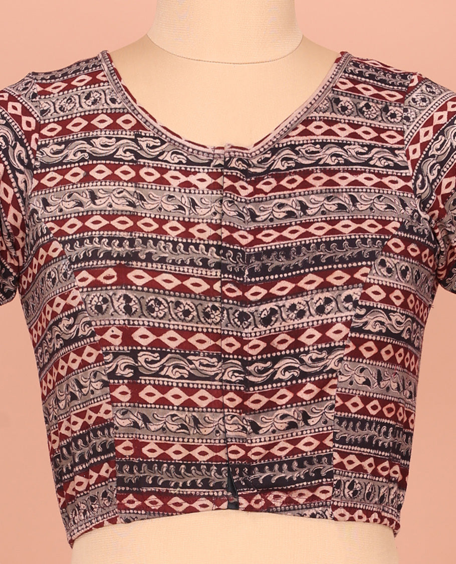 Black and Maroon Cotton Readymade Blouse Detailed with All-Over Geometric Motifs Print, Front Round Neck, Back Round Neck, and Elbow Sleeves