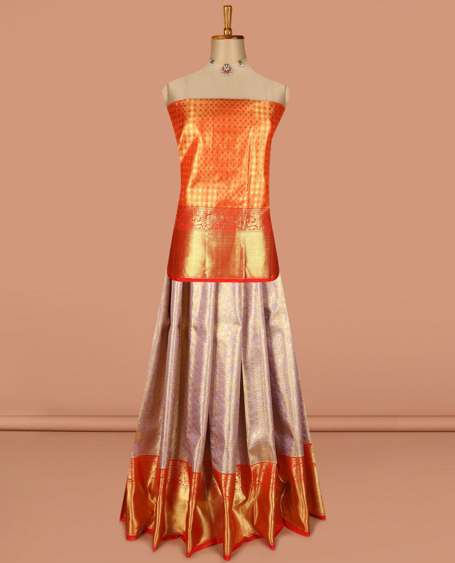 Grey pure silk half saree, floral vine jacquard, contarst jacquard blouse and border of thilakam, muthu, neli and kodi visiry, and jaal design dhavani