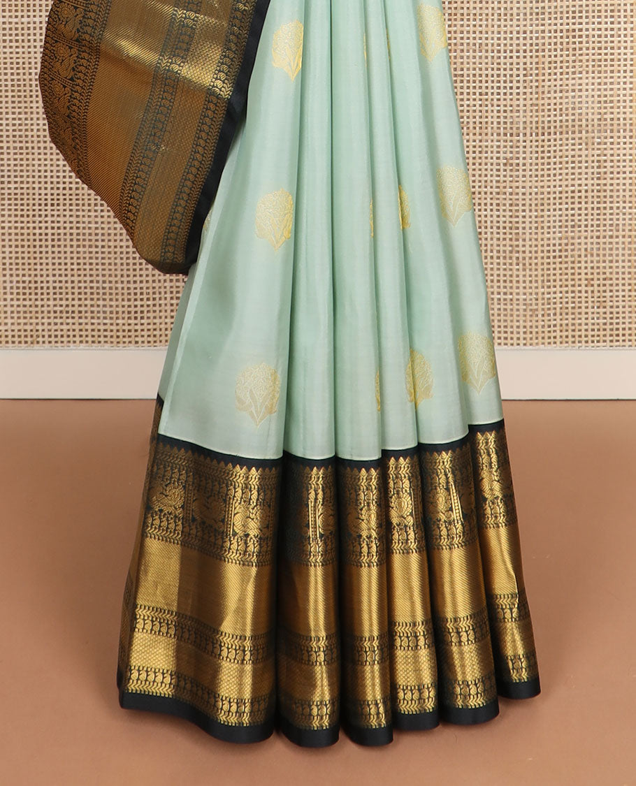 Green zari buttas vasundhara silk mix saree, contrast jaal pallu & border of thilakam mokku,muthu,banaras,manga,mayil & kuyil kann