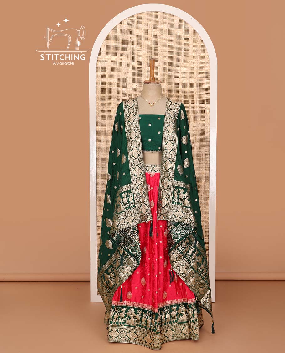Red lehenga set, intricate motifs with contrast Mughal style bordered skirt, jacquard blouse, and banarasi zari design dhavani