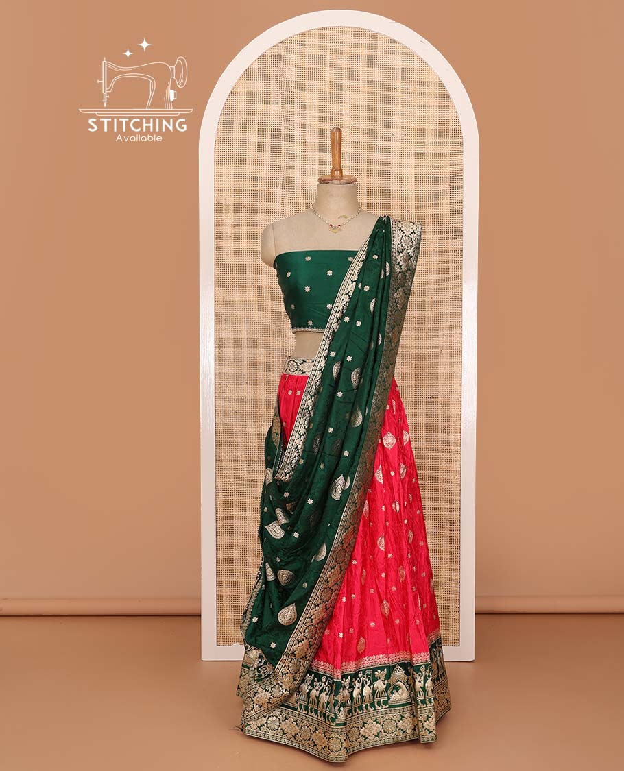 Red lehenga set, intricate motifs with contrast Mughal style bordered skirt, jacquard blouse, and banarasi zari design dhavani