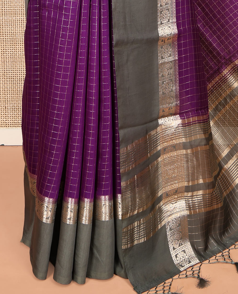 Violet Zari Checked Assam Silk Saree, Complemented by a Contrast Traditional Zari-Woven Border, Zari-Striped Pallu, and a Contrast Blouse