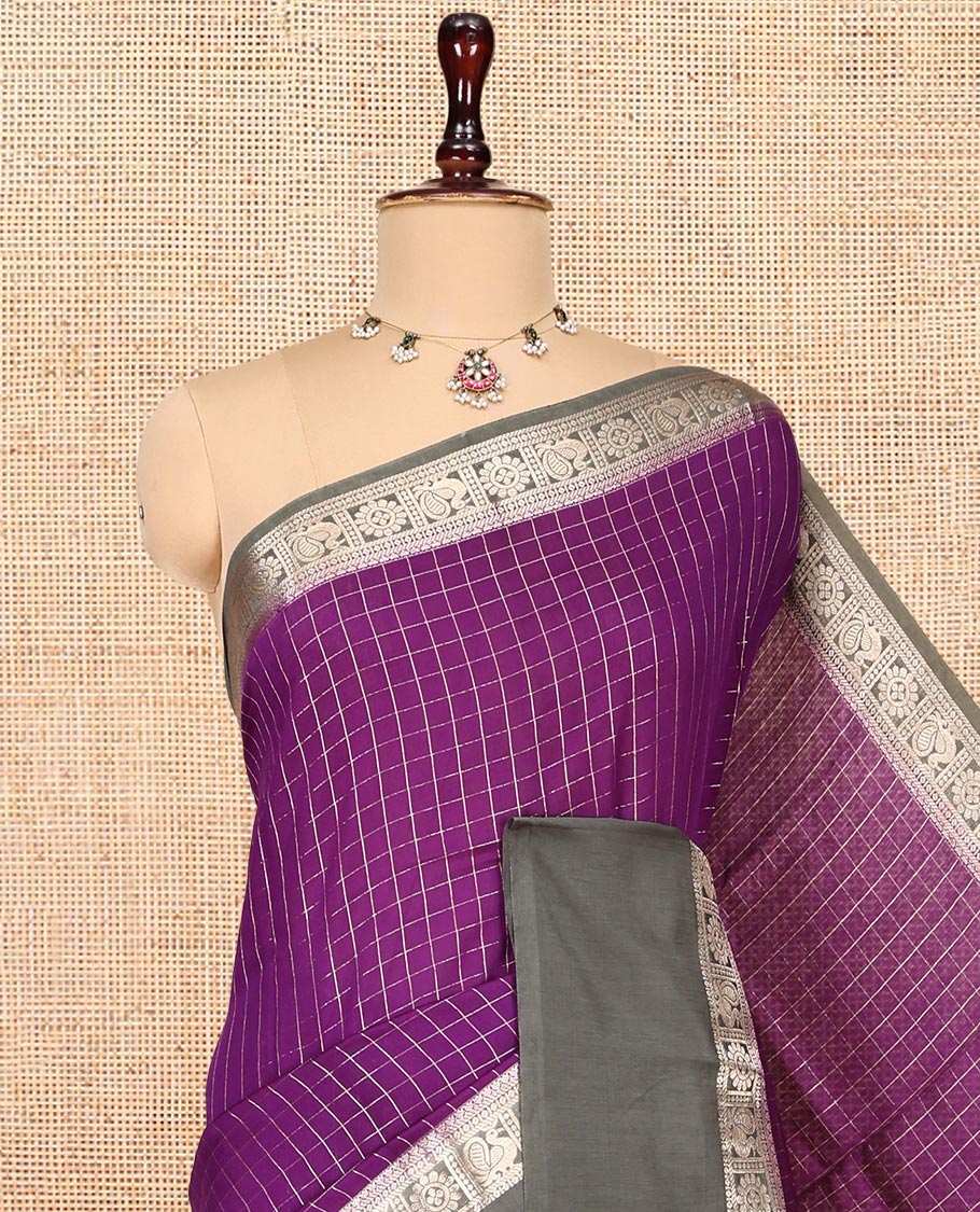 Violet Zari Checked Assam Silk Saree, Complemented by a Contrast Traditional Zari-Woven Border, Zari-Striped Pallu, and a Contrast Blouse