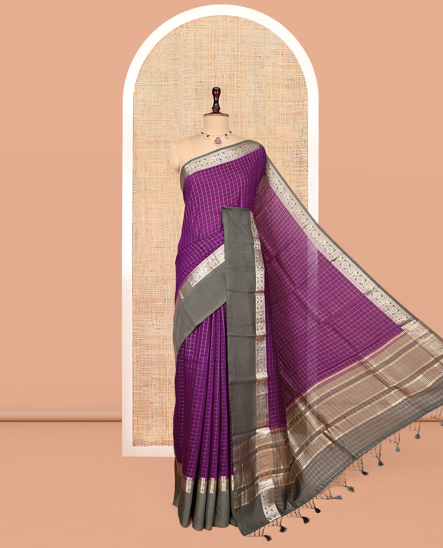 Violet Zari Checked Assam Silk Saree, Complemented by a Contrast Traditional Zari-Woven Border, Zari-Striped Pallu, and a Contrast Blouse
