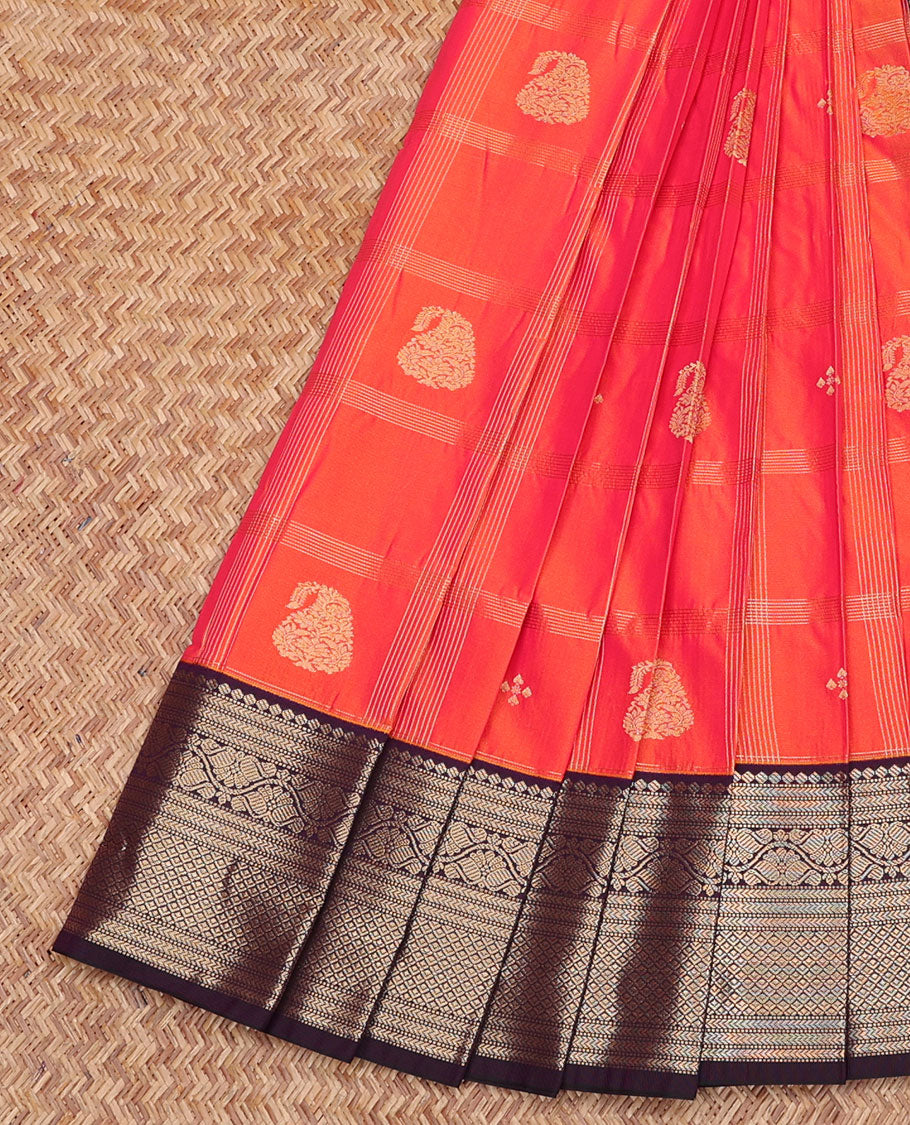 Orange Budget Silk Saree, Gracefully Embellished with Zari Butta Enclosed Checks, Contrast Traditional Zari Border, Grand Jaal Pallu, and a Contrast Blouse