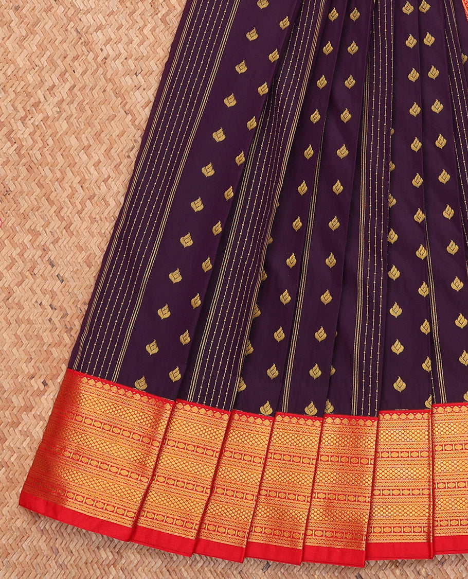 Purple Budget Silk Saree, Mesmerized with Zari Buttas and Stripes, Complemented by a Contrast Traditional Border, Geometric Pallu, and a Contrast Blouse