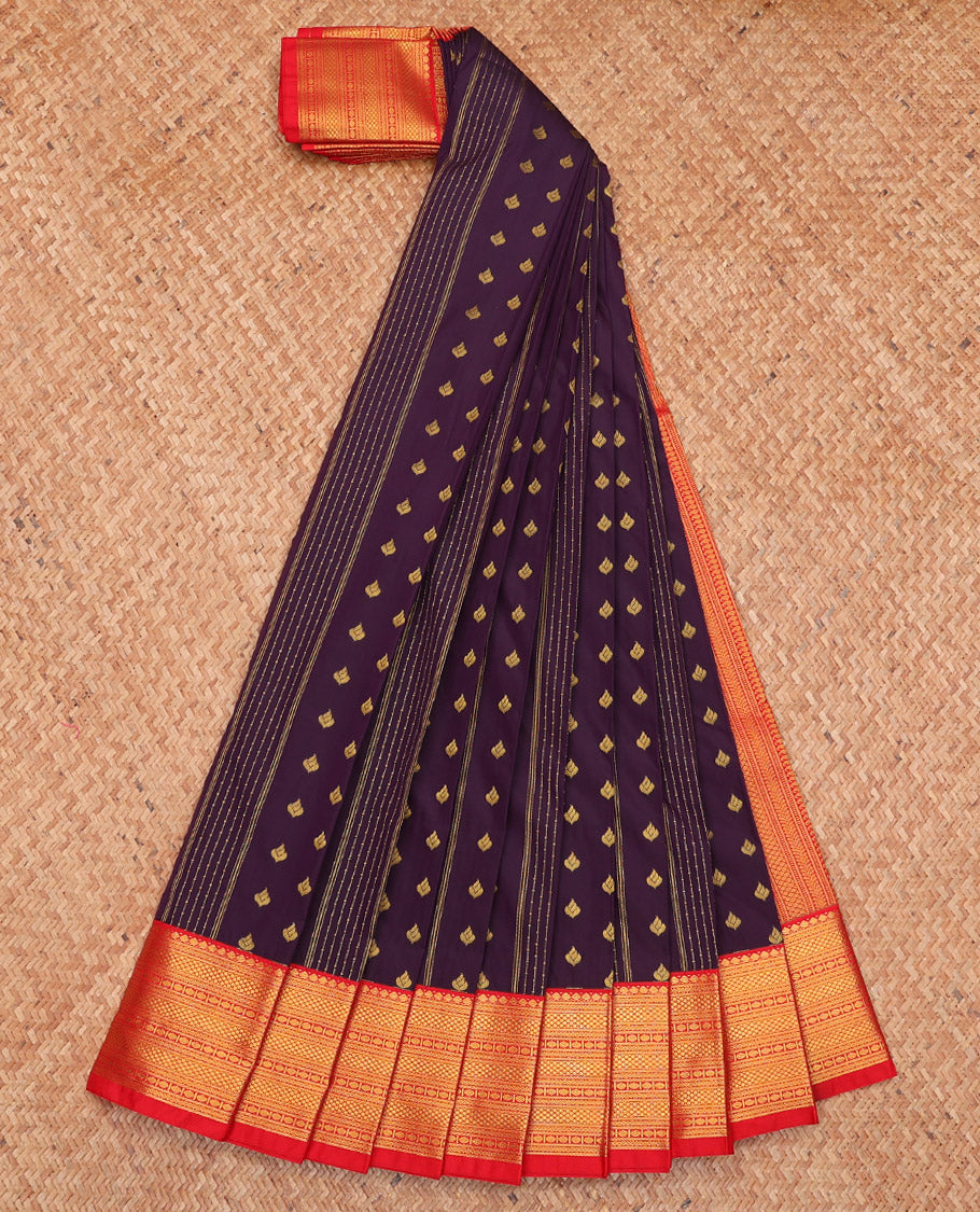 Purple Budget Silk Saree, Mesmerized with Zari Buttas and Stripes, Complemented by a Contrast Traditional Border, Geometric Pallu, and a Contrast Blouse