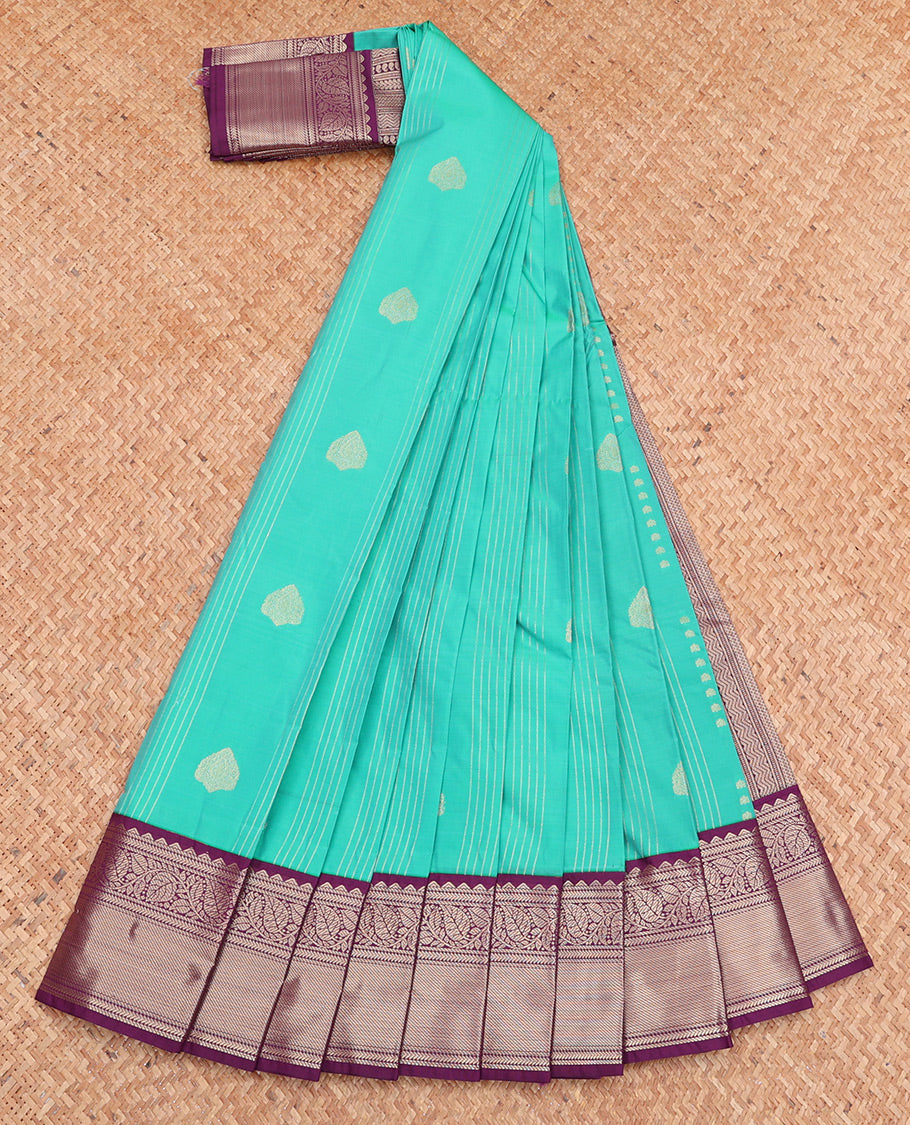 Turquoise Budget Silk Saree, Woven with Zari Designs, Complemented by a Contrast Traditional Zari Border, Geometric Pallu, and Contrast Blouse