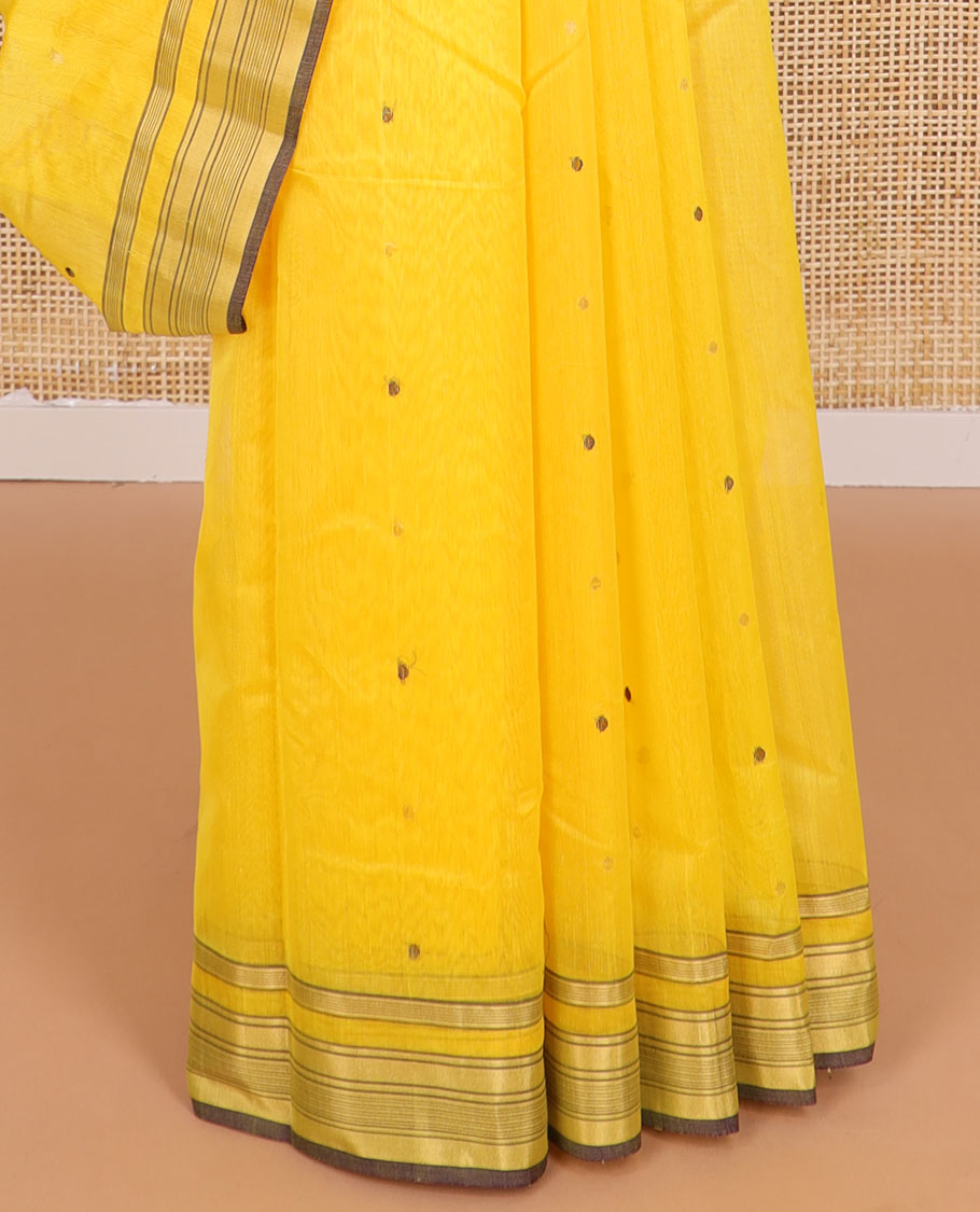 Yellow floral design chanderi cotton saree with self zari border & striped, floral design pallu