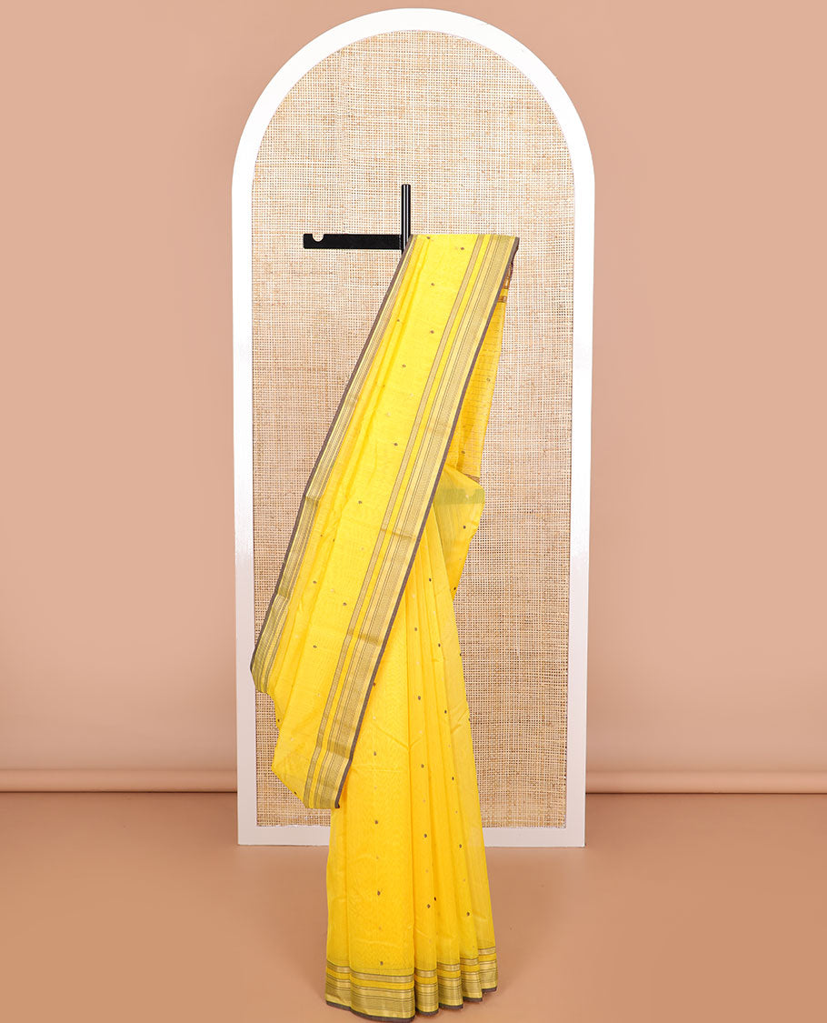 Yellow floral design chanderi cotton saree with self zari border & striped, floral design pallu