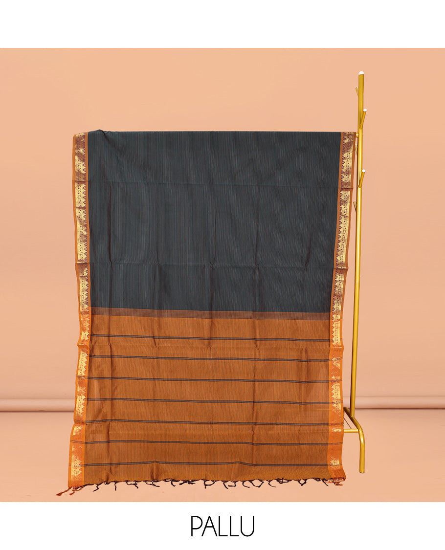 Black Textured Poly Cotton Saree, Complemented by Contrast Traditional Zari Design Border, Pallu of Stripes, and Paired with a Contrast Blouse
