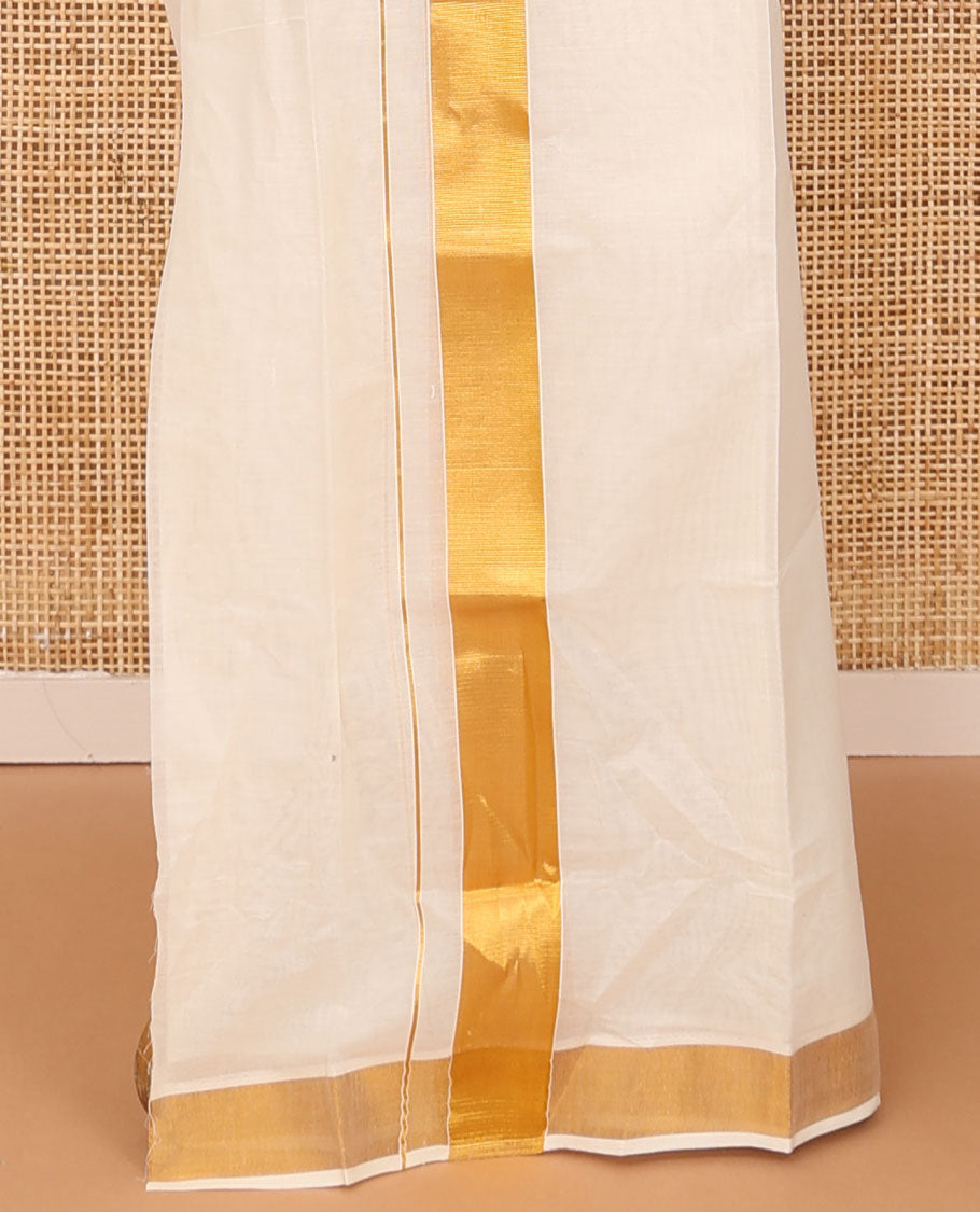 Cream plain design Kerala mundu set, zari bavanji border