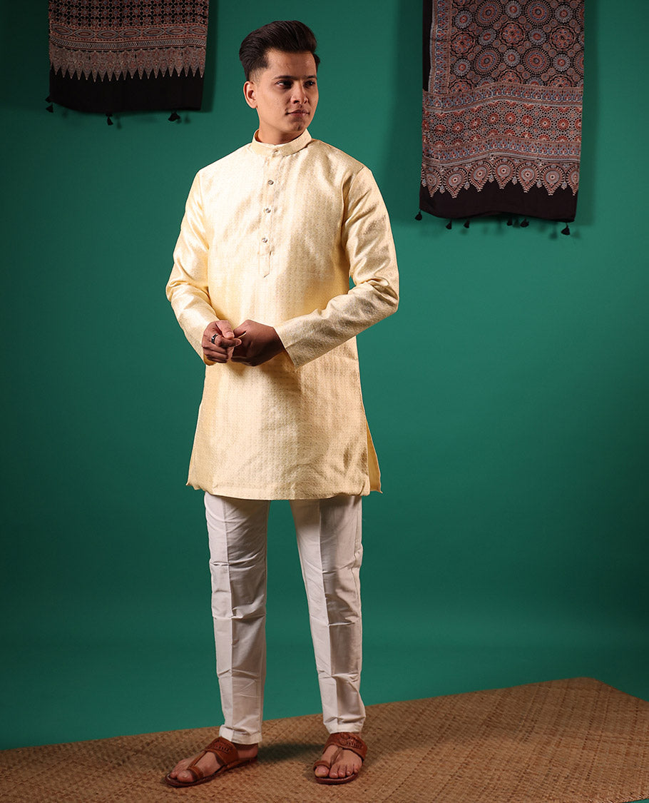 Gold unique patterns embossed full-sleeved men's kurta set