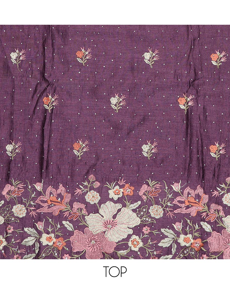 Purple material chudidar set, floral theme thread and stone embroidered top, plain bottom and scallop floral embroidered dupatta