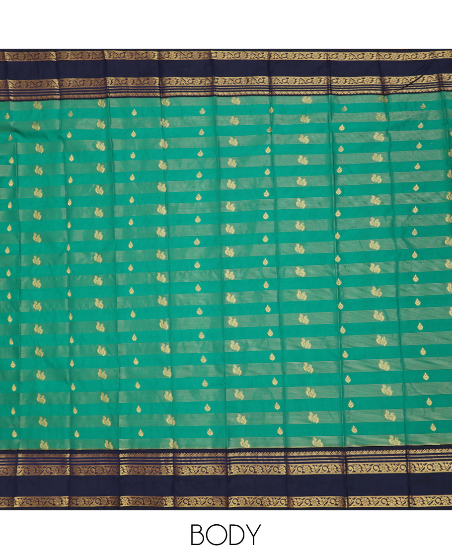 Green zari buttas and striped budget silk saree, contrast traditional zari rettai pettu border, and jaal pallu