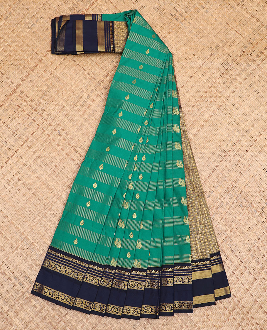 Green zari buttas and striped budget silk saree, contrast traditional zari rettai pettu border, and jaal pallu