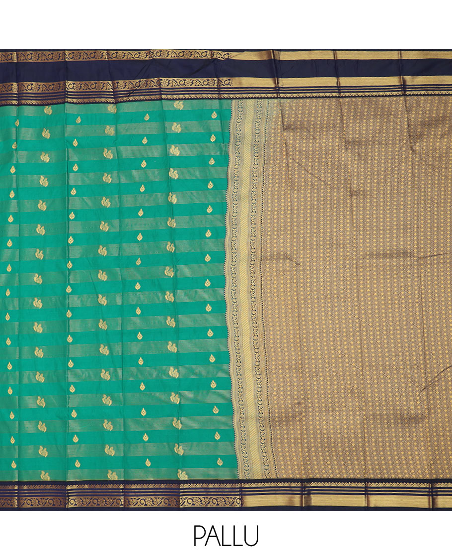 Green zari buttas and striped budget silk saree, contrast traditional zari rettai pettu border, and jaal pallu