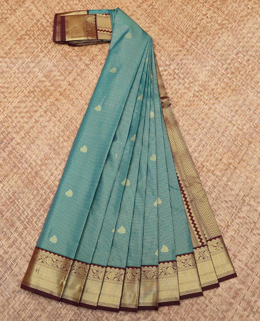Green Budget Silk Saree, Detailed with Zari Buttas and Checks, Complemented by a Contrast Traditional Border, Grand Pallu, and a Contrast Blouse