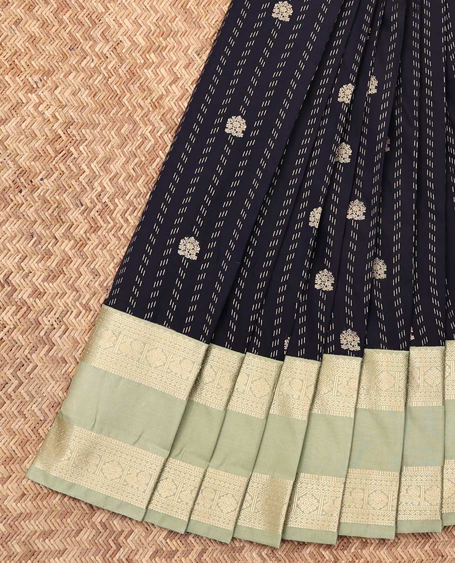 Navy Budget Silk Saree, Detailed with Zari Buttas, Complemented by a Contrast Traditional Zari Rettai Pettu Border, Geometric Pallu, and a Contrast Blouse