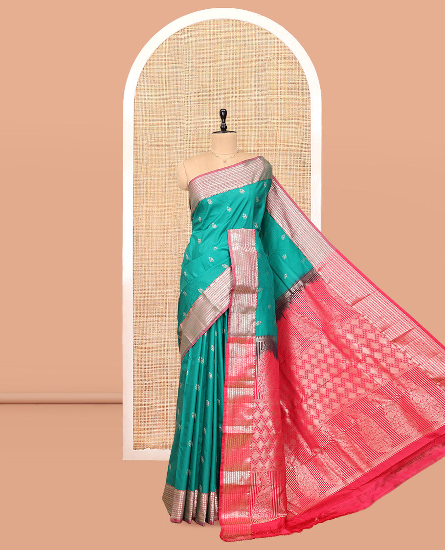 Green Budget Silk Saree, Finely Crafted with Zari Buttas, Complemented by Contrast Traditional Zari Border, Pallu of Jaal and Paisleys, and Contrast Blouse