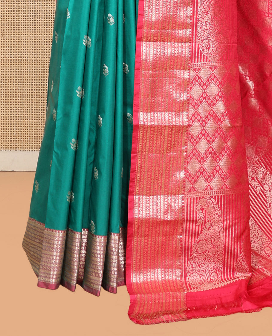 Green Budget Silk Saree, Finely Crafted with Zari Buttas, Complemented by Contrast Traditional Zari Border, Pallu of Jaal and Paisleys, and Contrast Blouse