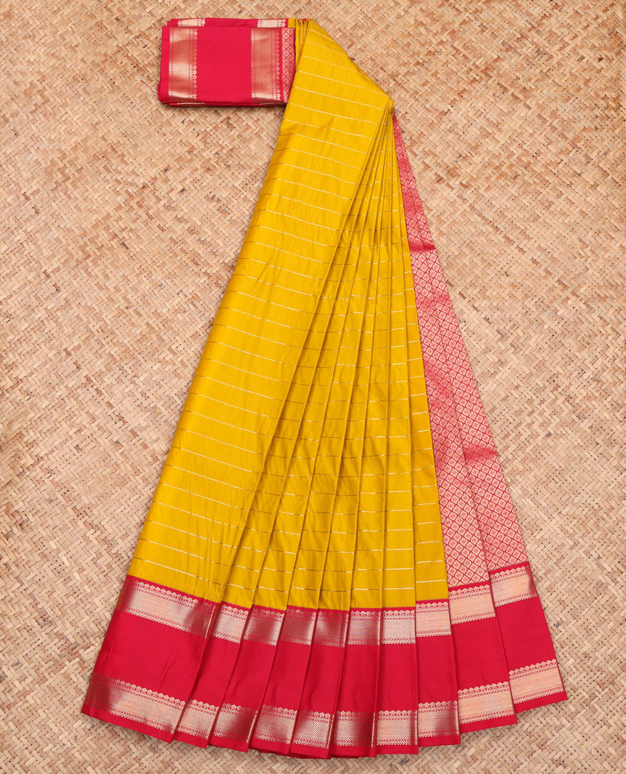 Yellow Budget Silk Saree, Delicately Woven with Zari Stripes All Over Its Body, Complemented by a Contrast Traditional Zari Designs Woven Rettai Pettu Border, Pallu of Jaal Designs, and Paired with a Contrast Blouse