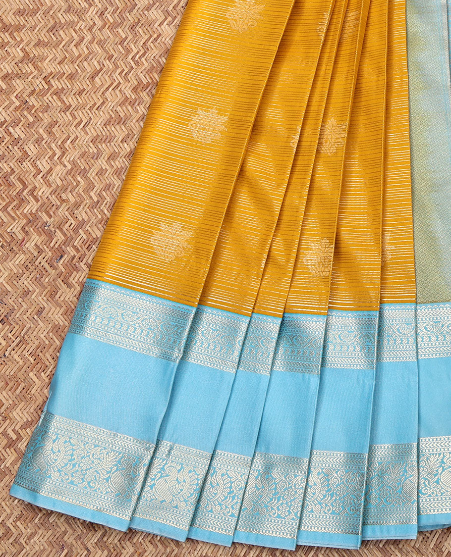 Yellow Budget Silk Saree, Elevated with Zari Buttas and Stripes on Its Body, Complemented by a Contrast Traditional Zari Designs Woven Rettai Pettu Border, Grand Pallu, and Paired with a Contrast Blouse