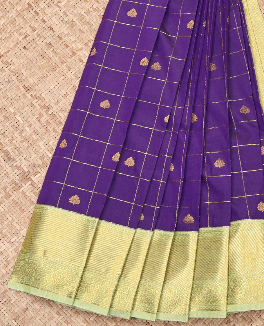 Violet Budget Silk Saree, Accentuated with Zari Butta Enclosed Checks on Its Body, Complemented by a Contrast Traditional Zari Border, Jaal Pallu, and Paired with a Contrast Blouse