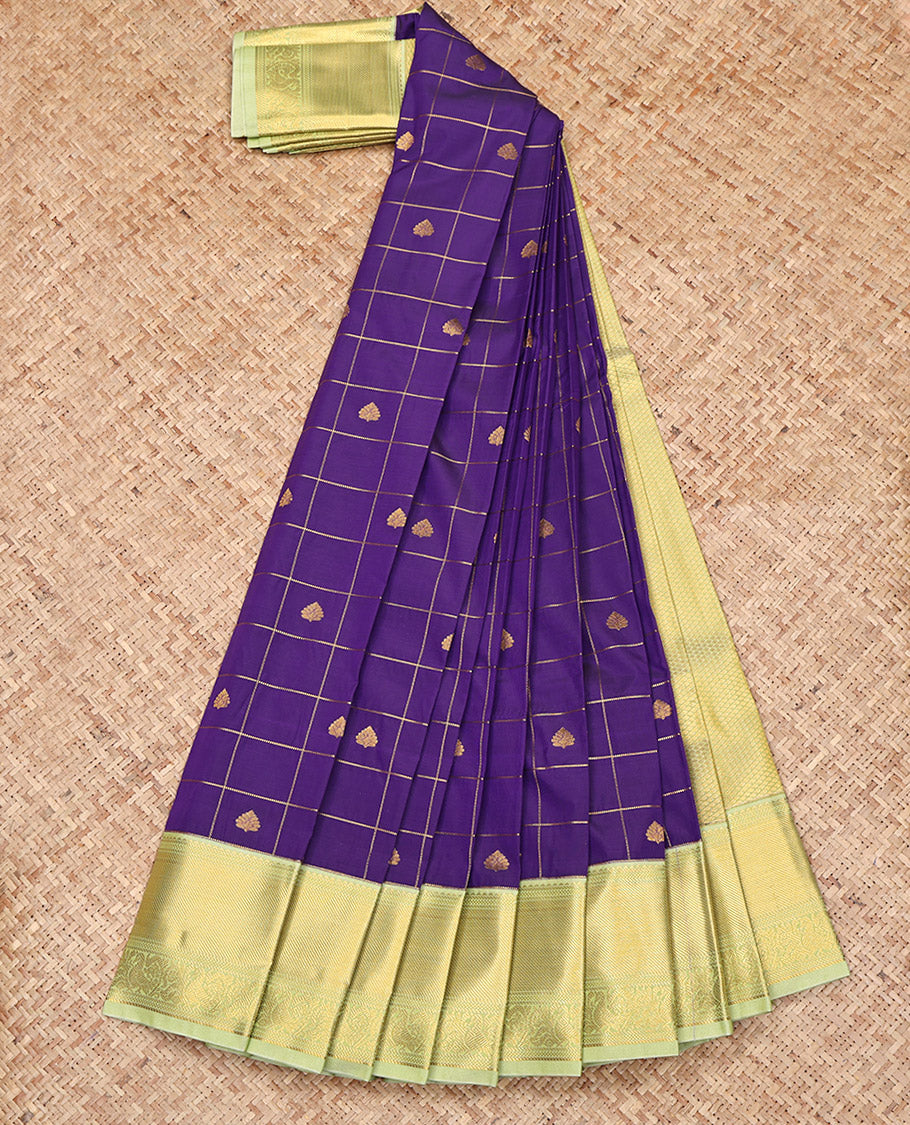 Violet Budget Silk Saree, Accentuated with Zari Butta Enclosed Checks on Its Body, Complemented by a Contrast Traditional Zari Border, Jaal Pallu, and Paired with a Contrast Blouse
