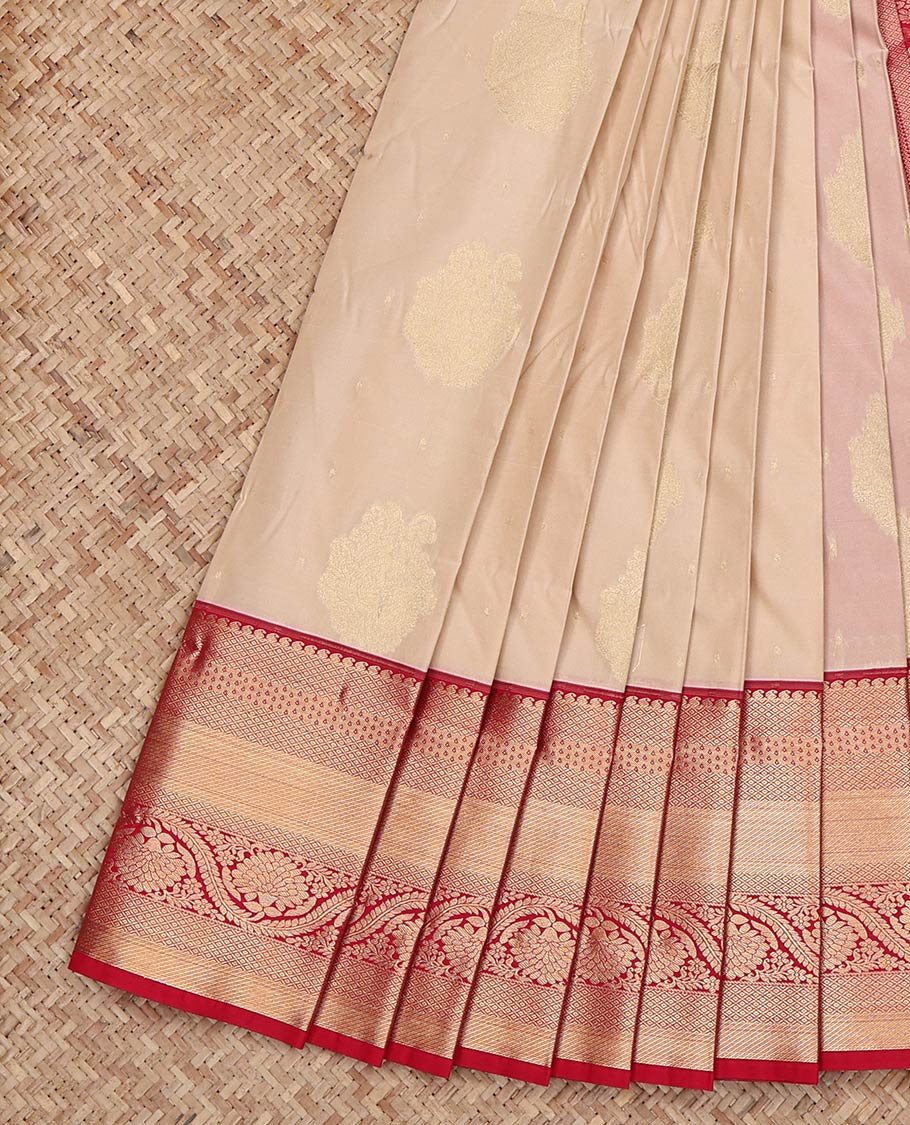 Sandal Budget Silk Saree, Sparsely Woven with Zari Buttas on Its Body, Complemented by a Contrast Traditional Zari Border, Grand Pallu, and Paired with a Contrast Blouse