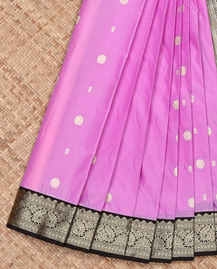 Pink Budget Silk Saree, Gleamed Up with Zari Buttas on Its Body, Complemented by a Contrast Traditional Zari Design Border, Geometric Patterned Pallu, and Paired with a Contrast Blouse