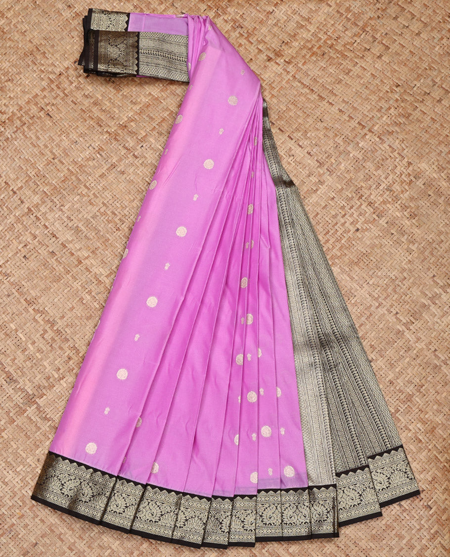 Pink Budget Silk Saree, Gleamed Up with Zari Buttas on Its Body, Complemented by a Contrast Traditional Zari Design Border, Geometric Patterned Pallu, and Paired with a Contrast Blouse
