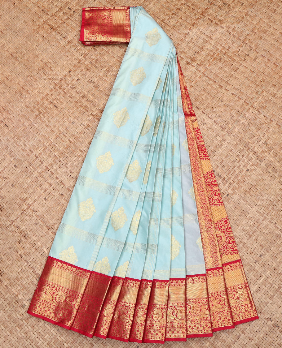 Baby Blue Budget Silk Saree, Woven with Zari Buttas and Checks, Captivating Contrast Traditional Zari Design Border, Grand Pallu, and a Contrast Blouse