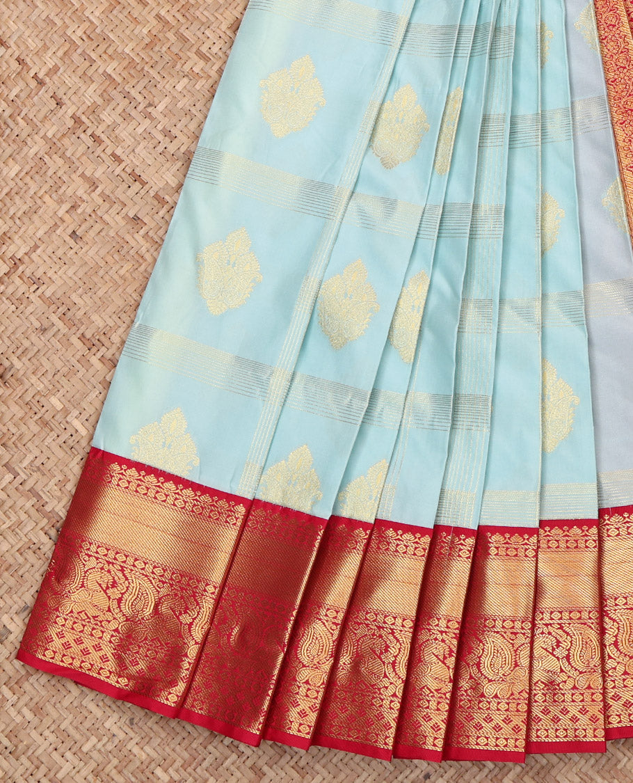 Baby Blue Budget Silk Saree, Woven with Zari Buttas and Checks, Captivating Contrast Traditional Zari Design Border, Grand Pallu, and a Contrast Blouse