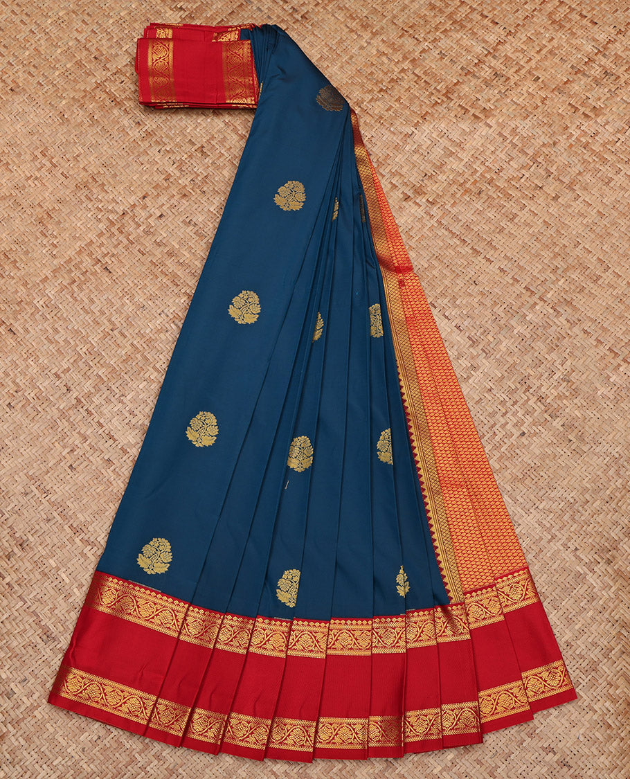 Blue Budget Silk Saree, Woven with Zari Buttas, Complemented by Contrast Floral Creeper Rettai Pettu Border, Grand Pallu and a Contrast Blouse