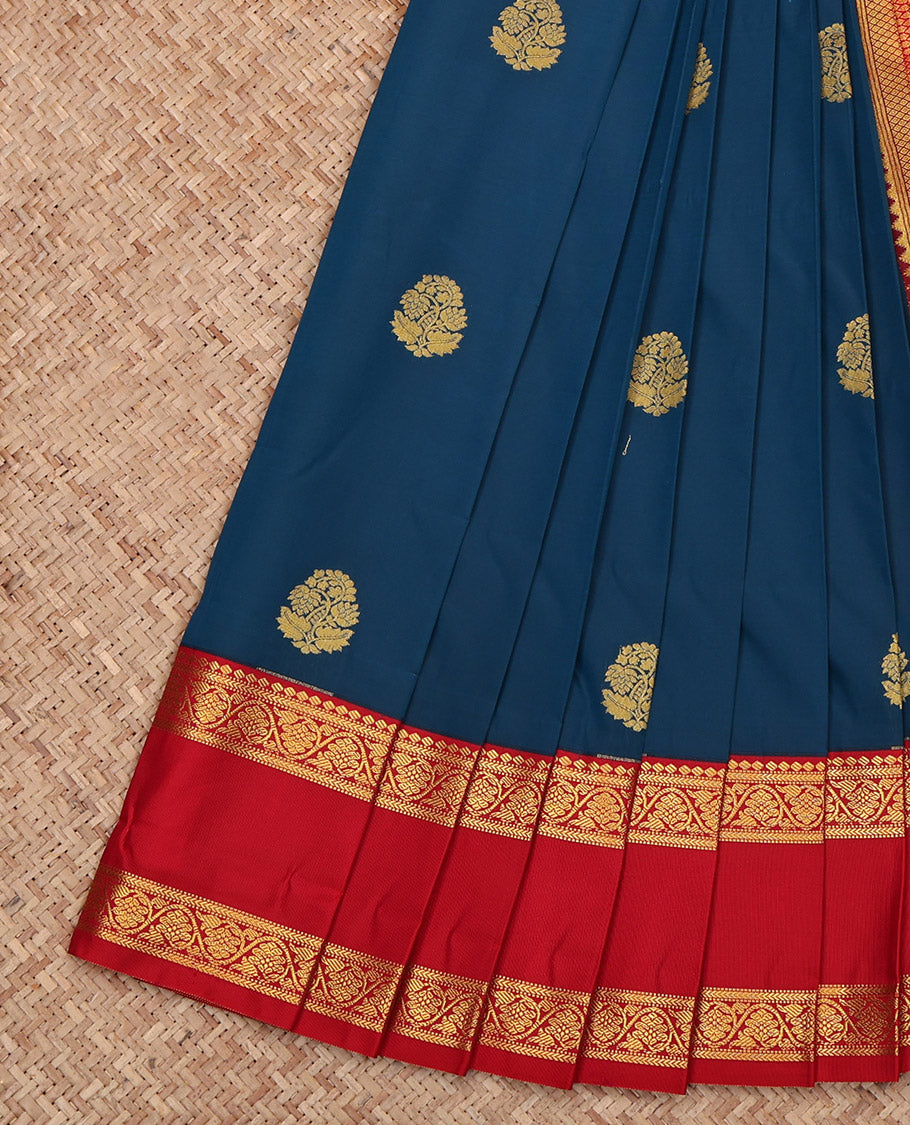 Blue Budget Silk Saree, Woven with Zari Buttas, Complemented by Contrast Floral Creeper Rettai Pettu Border, Grand Pallu and a Contrast Blouse