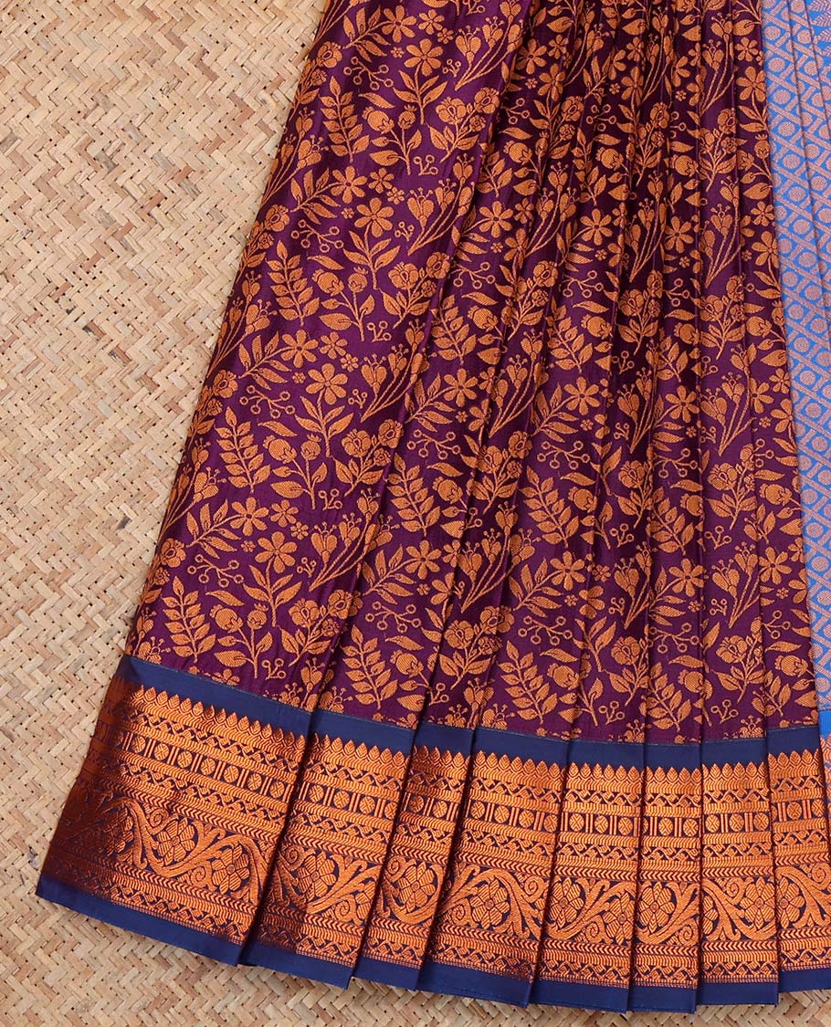 Purple Budget Silk Saree, Highlighted by Floral Vine Design, Complemented by Contrast Traditional Zari Border, a Jaal Pallu and a Contrast Blouse