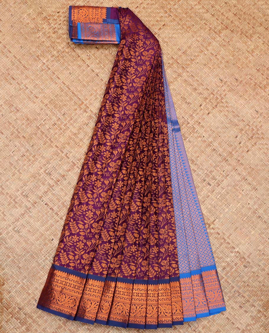 Purple Budget Silk Saree, Highlighted by Floral Vine Design, Complemented by Contrast Traditional Zari Border, a Jaal Pallu and a Contrast Blouse