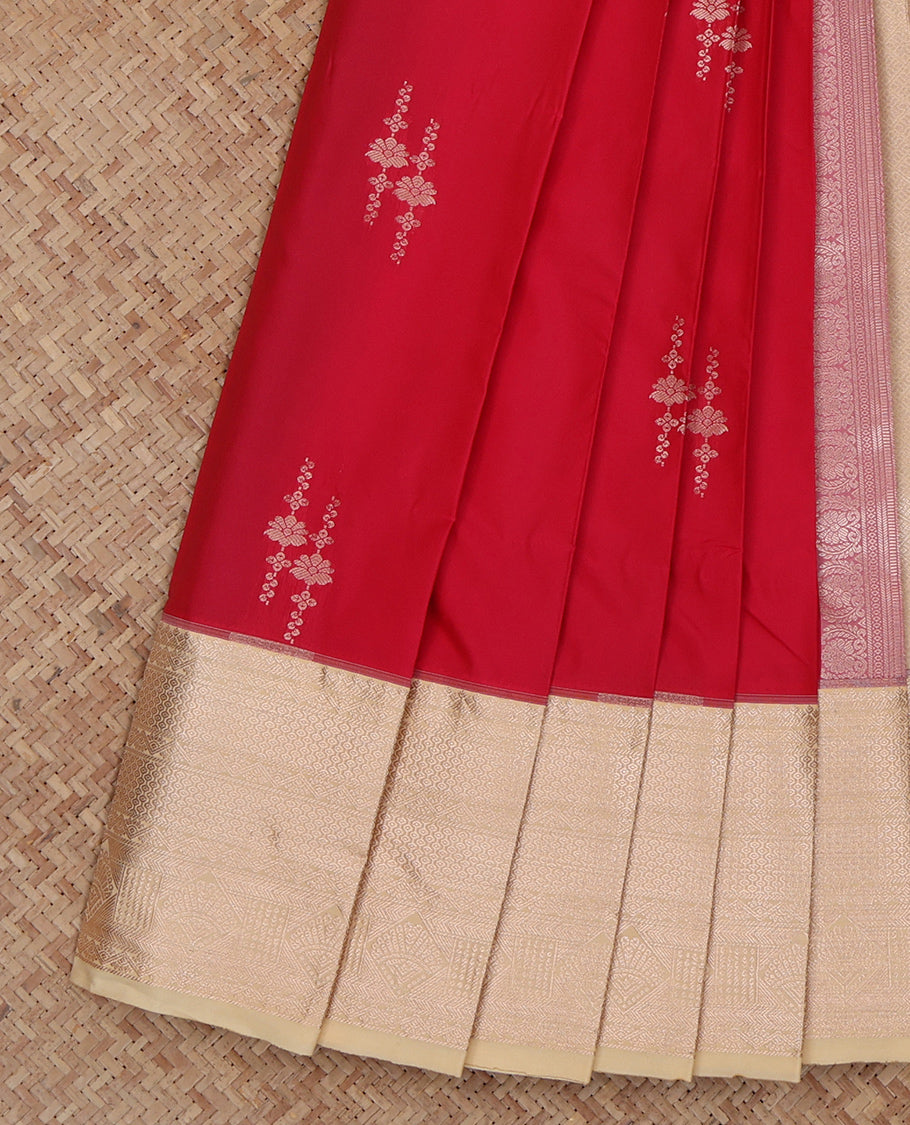 Red Budget Silk Saree, Finely Crafted with Zari Buttas, Complemented by a Contrast Traditional Zari Border, Grand Pallu, and a Contrast Blouse