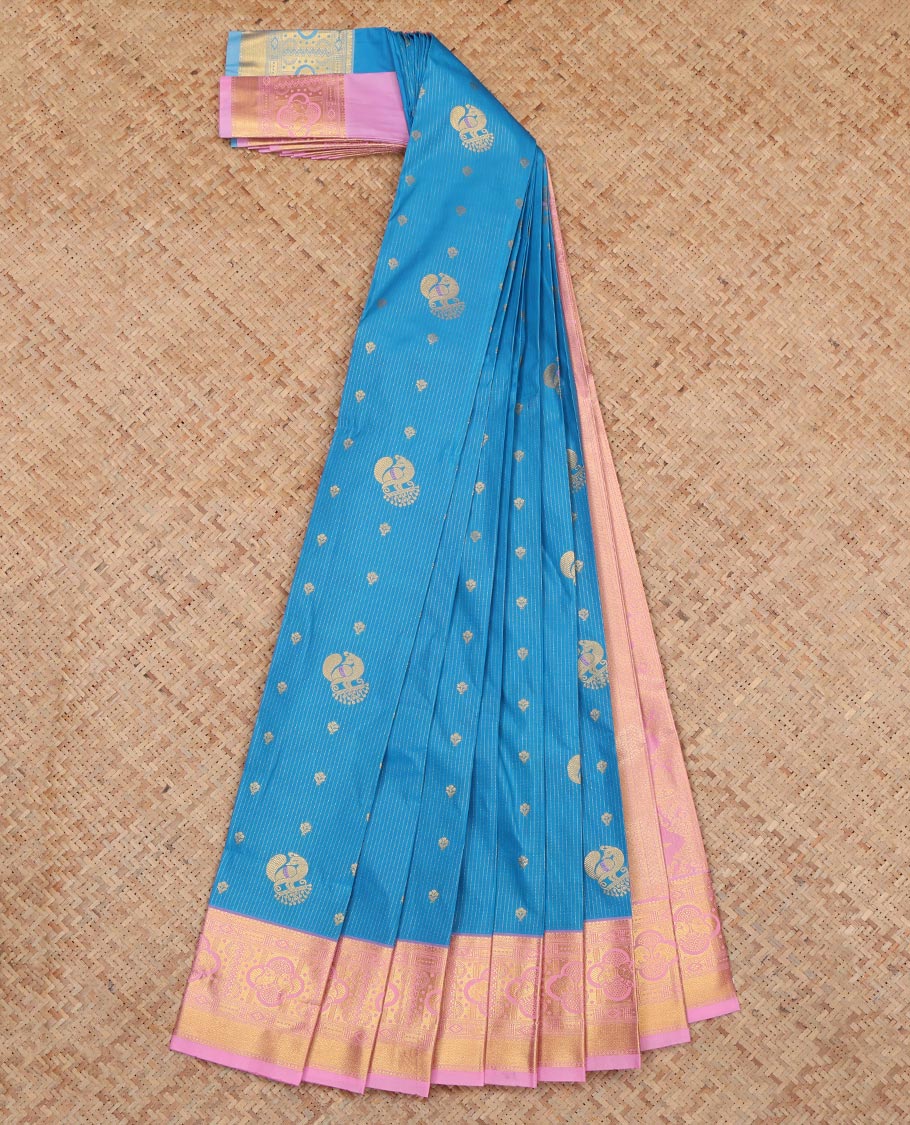 Blue Budget Silk Saree, Decorated with Stripes and Peacock Buttas, a Contrast Traditional Elephant Zari Border, a Grand Pallu and a Contrast Blouse