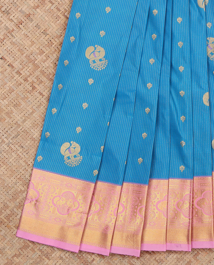 Blue Budget Silk Saree, Decorated with Stripes and Peacock Buttas, a Contrast Traditional Elephant Zari Border, a Grand Pallu and a Contrast Blouse