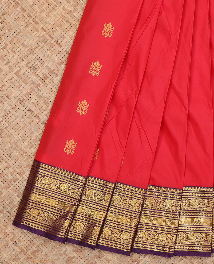 Red Budget Silk Saree, Enthralled with Zari Buttas, Complemented by Contrast Traditional Zari Border, a Jaal Pallu and a Contrast Blouse